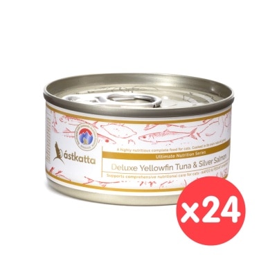 ASTKATTA - [24罐箱裝] 黃鰭吞拿魚銀三文魚肉絲 全貓主食罐頭 (80g x 24) 361444