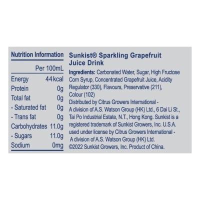 SUNKIST Sparkling Grapefruit Juice Drink 330ML (24 cans)