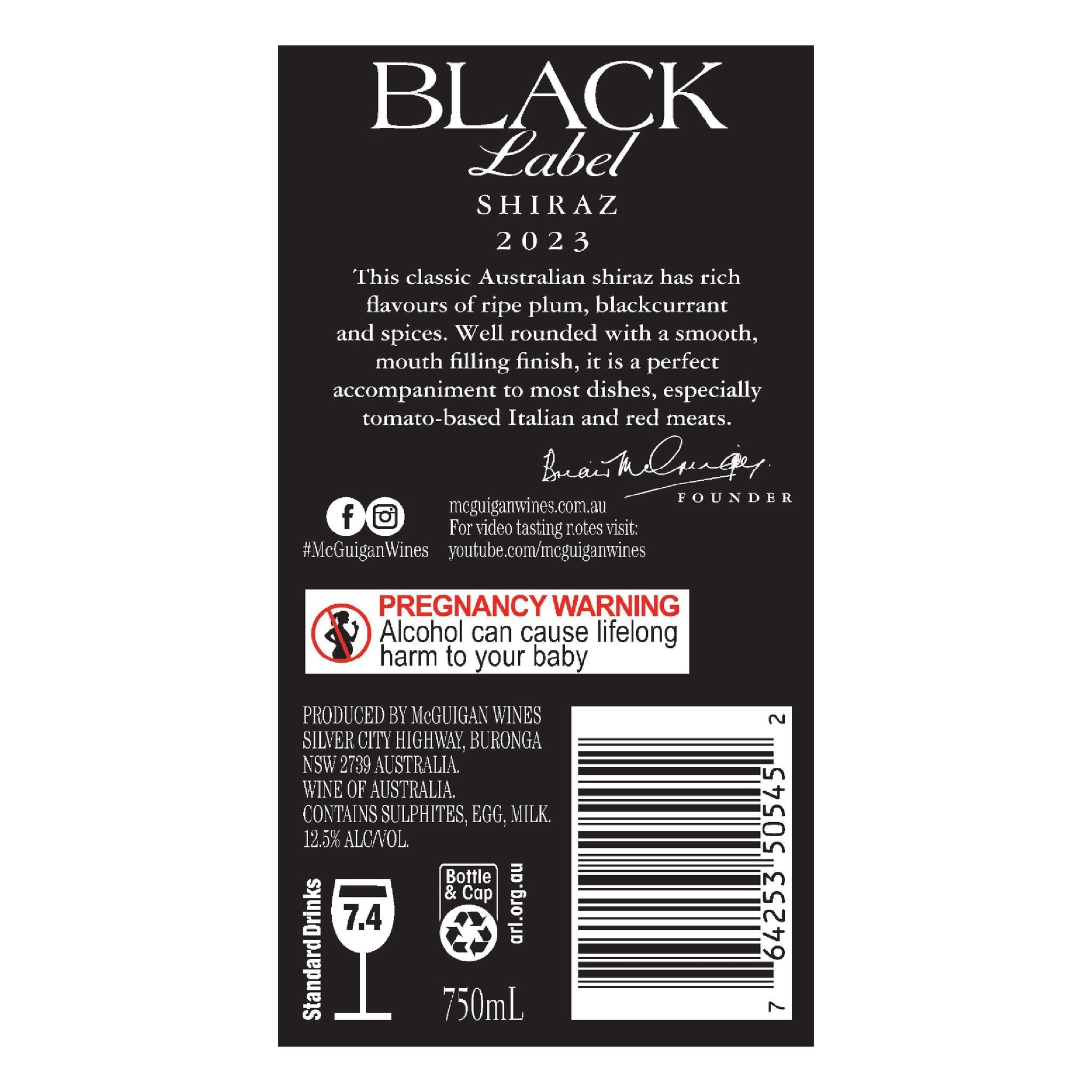 MCGUIGAN Black Label Shiraz 750ML (6 bottles)