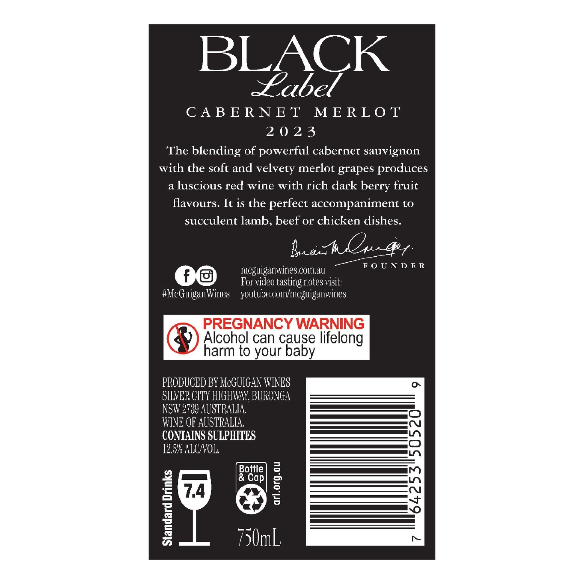 MCGUIGAN 黑標赤霞珠梅洛紅酒 750毫升 (6支)