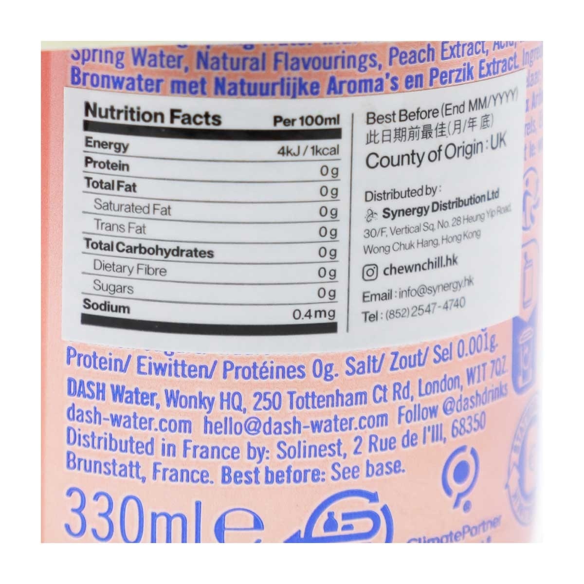 DASH Sparkling Water Peach Flavor