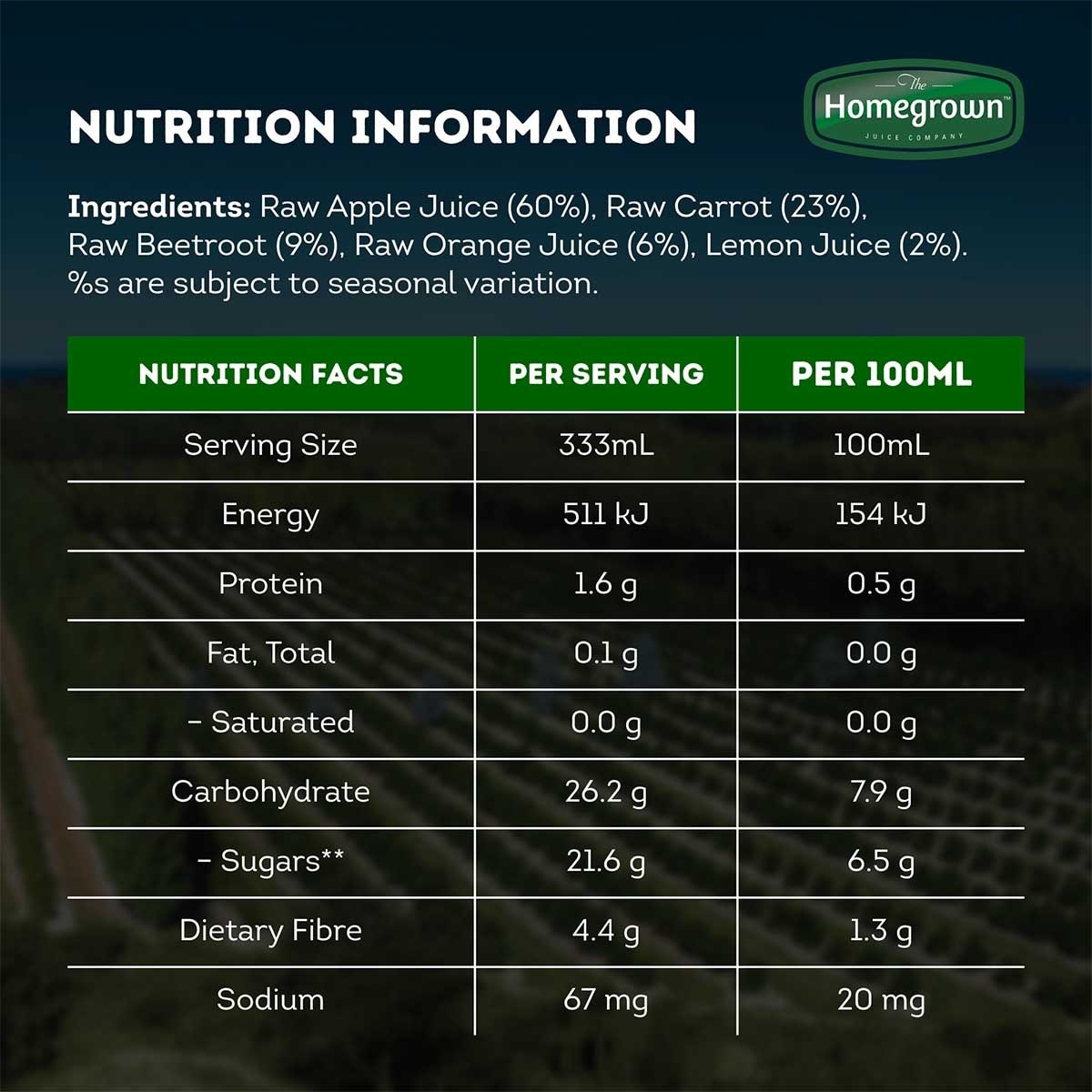 HOMEGROWN Raw Energy Cold Pressed F&v Juice 400ml