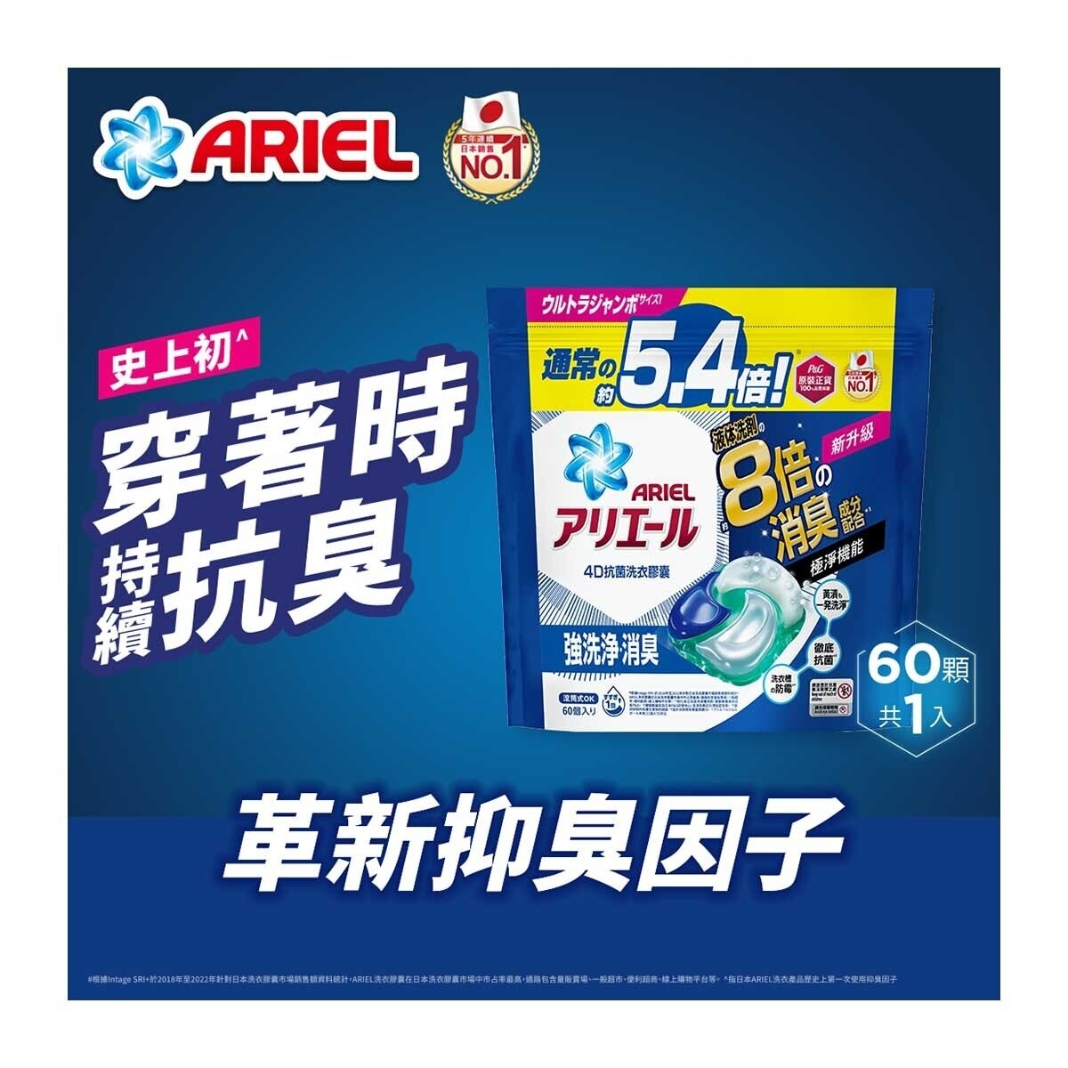 碧浪 ARIEL 4D抗菌洗衣膠囊60顆袋裝 (抗菌去漬款)