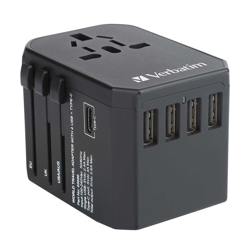 VERBATIM 5 Port 5.6a Travel Adaptor Black