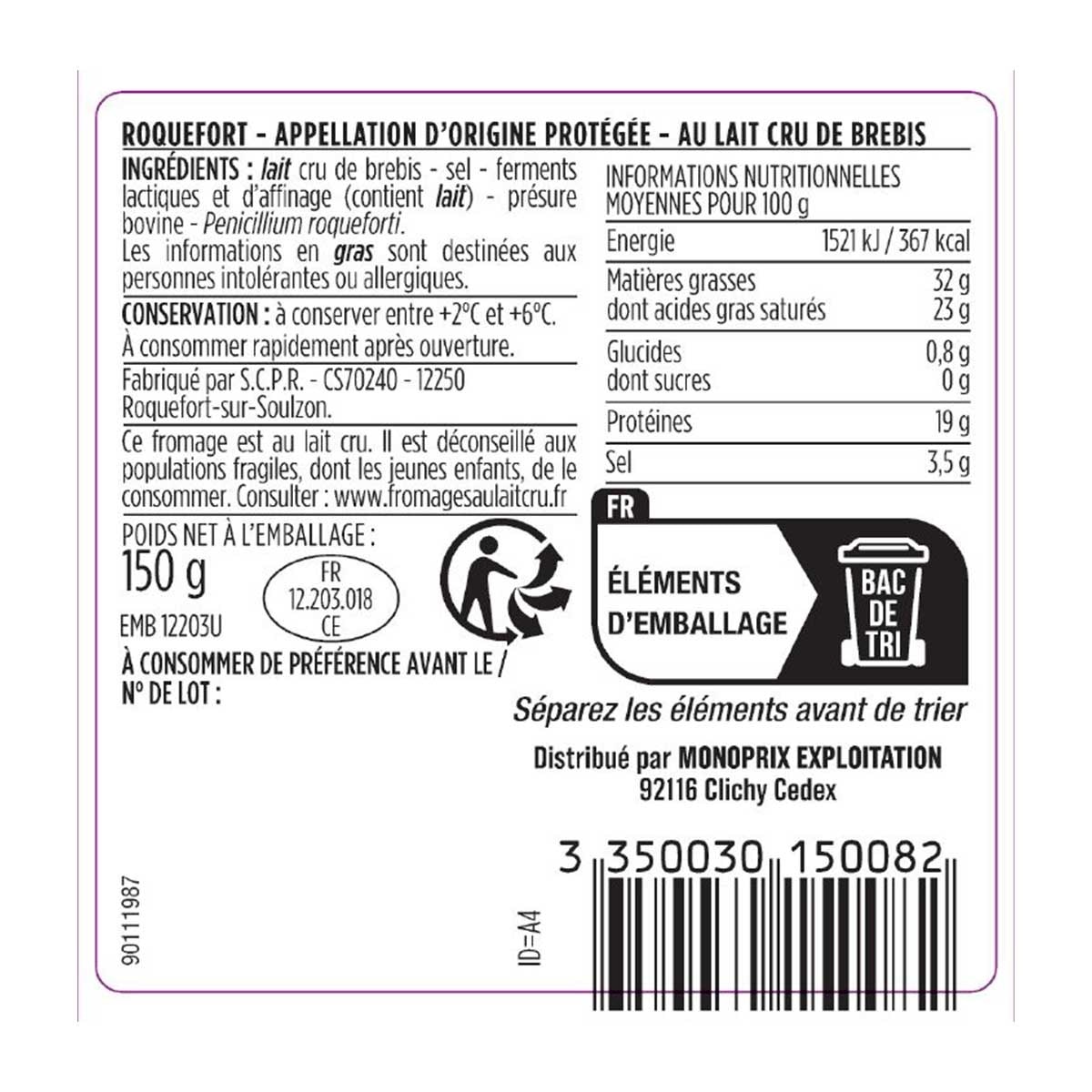 MONOPRIX Roquefort Cheese[france](chilled 0-4°c)