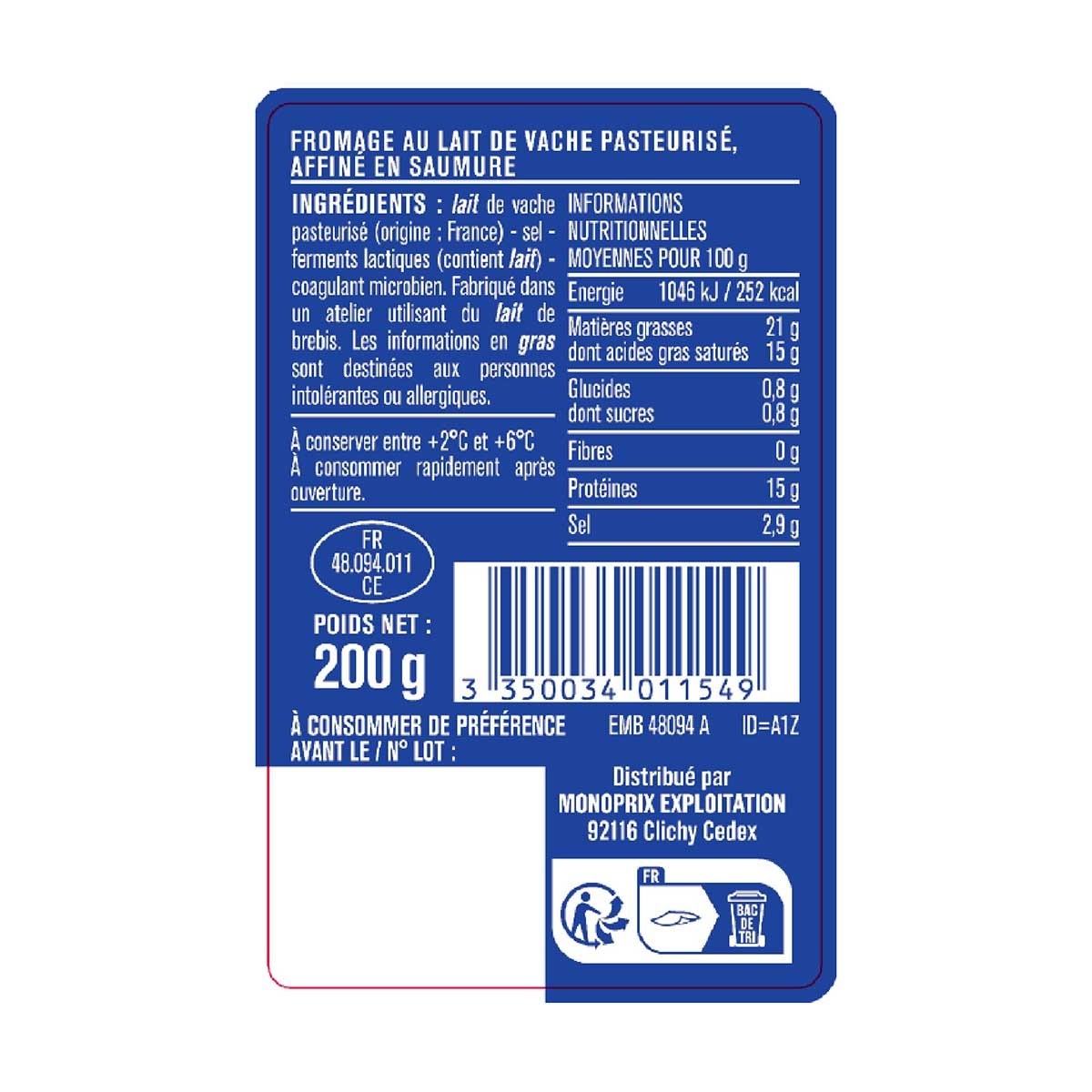 MONOPRIX Cow Milk Brik Cheese
