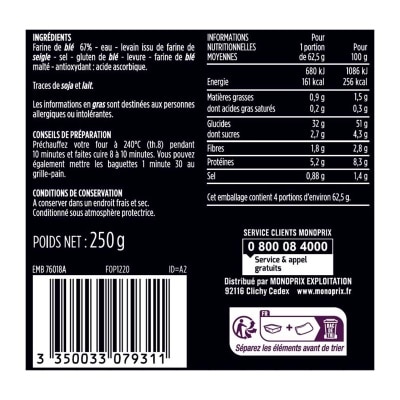 MONOPRIX Precooked 2 Baguette[france](chilled 0-4°c)