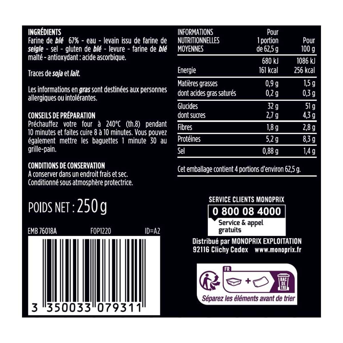 MONOPRIX Precooked 2 Baguette[france](chilled 0-4°c)