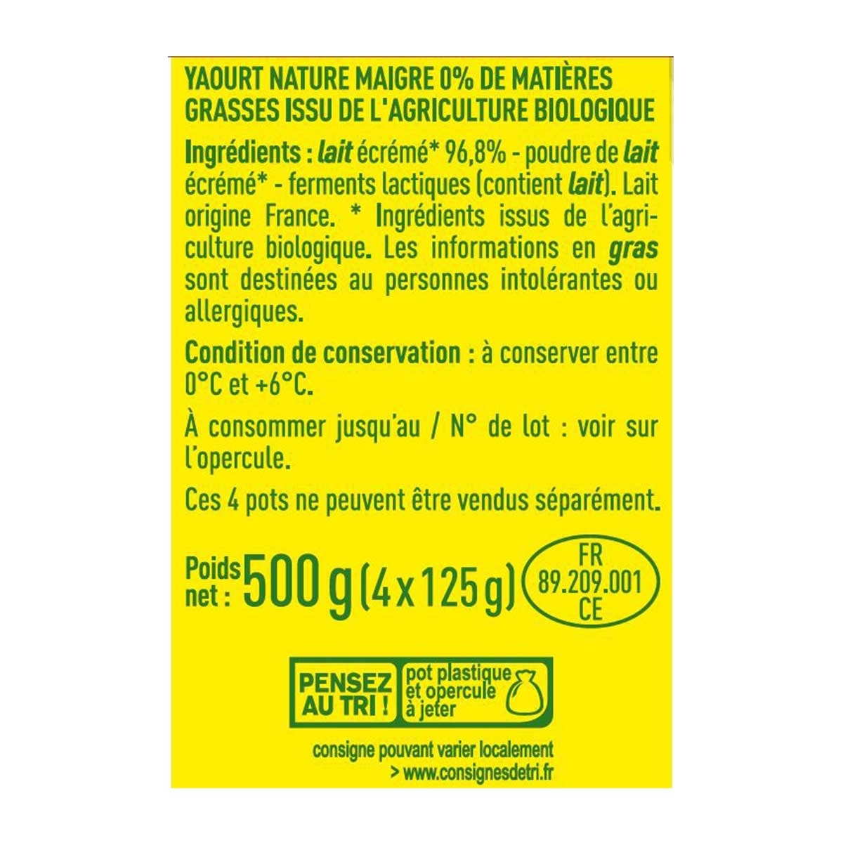 MONOPRIX BIO 有機0％脂肪純酸奶[法國](冷凍 0-4°c)