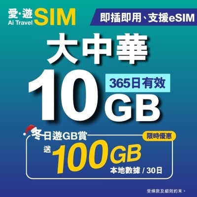 AI TRAVEL SIM 365-day Greater China 10gb (limited Time: Free 100gb Local)