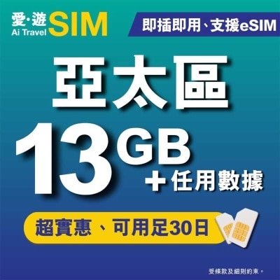 愛。遊SIM 30日亞太區fup 13gb