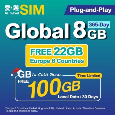 AI TRAVEL SIM 365-day Global 8gb (limited Time: Free 100gb Local)