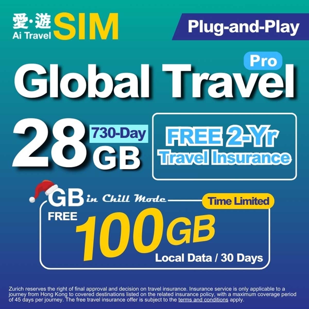 AI TRAVEL SIM 730-day Global Travel Pro 28gb (limited Time: Free 100gb Local)