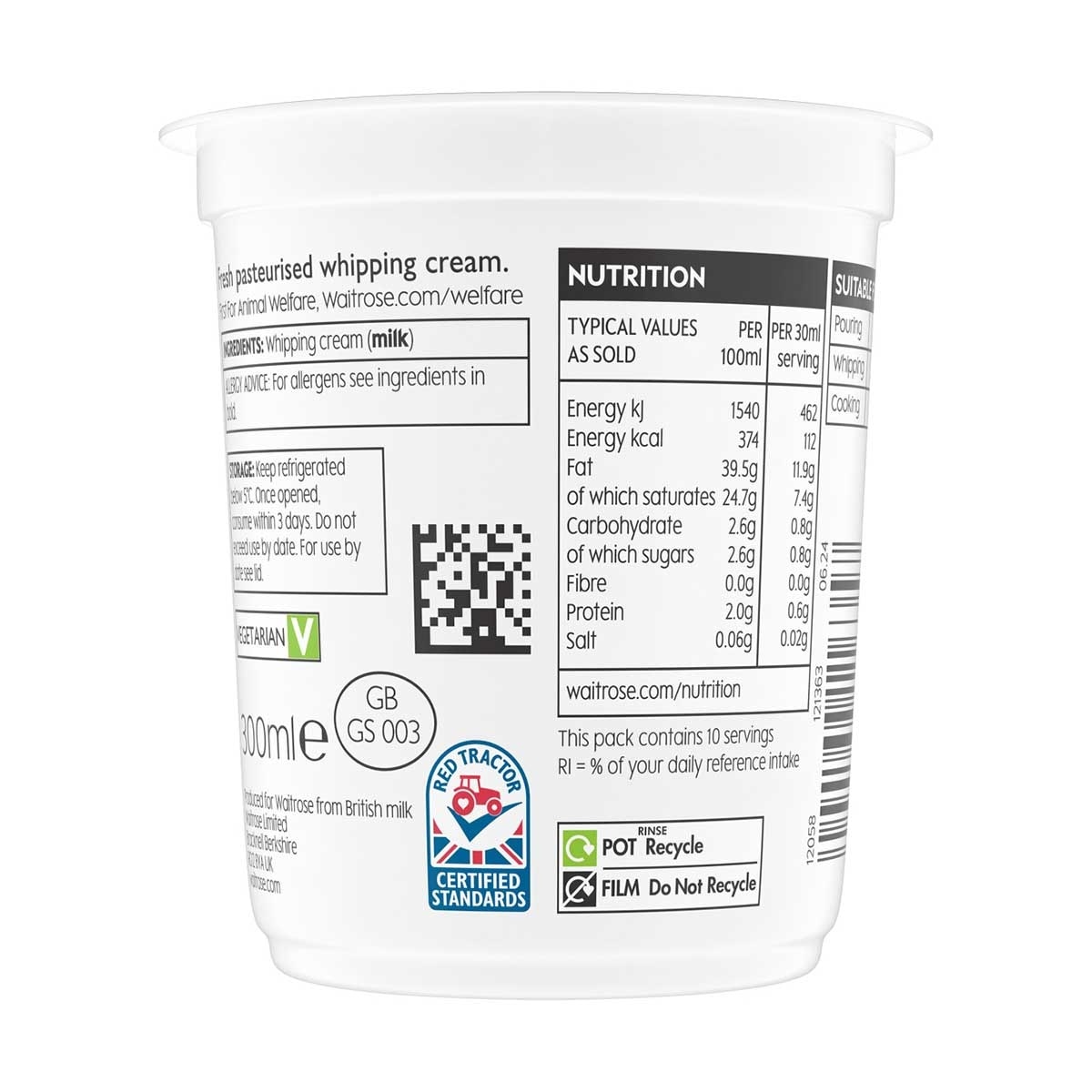 ESSENTIAL WAITROSE Whipping&nbsp; Cream(chilled 0-4°c)