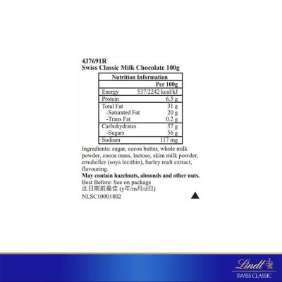 LINDT Swiss Classic Milk 100g