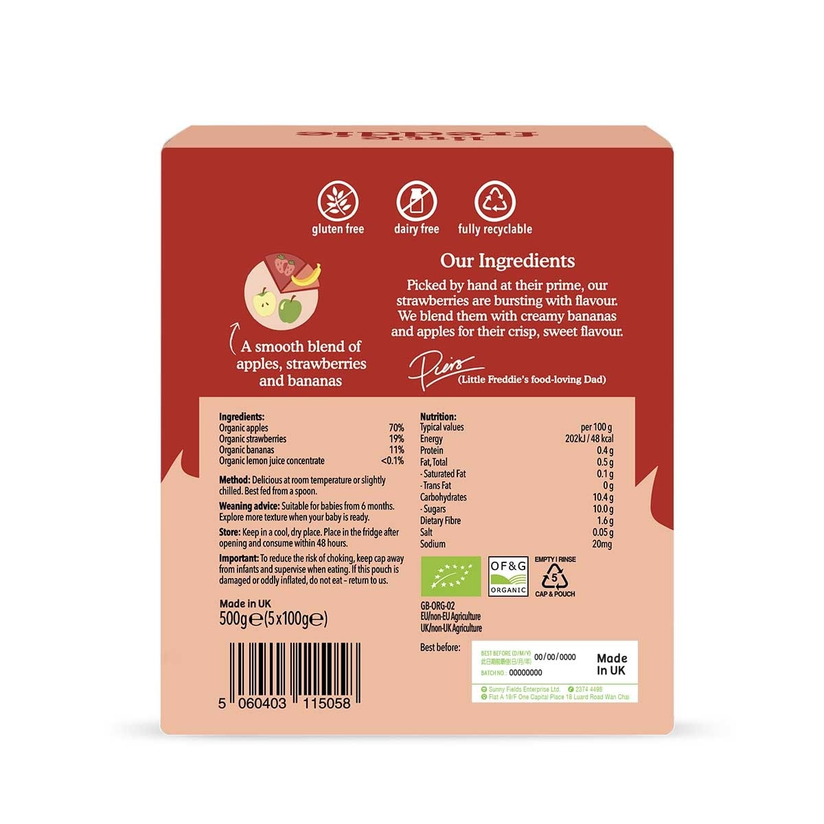 LITTLE FREDDIE Organic Fragrant Strawberries, Bananas & Apples (100g X 5 Packs)