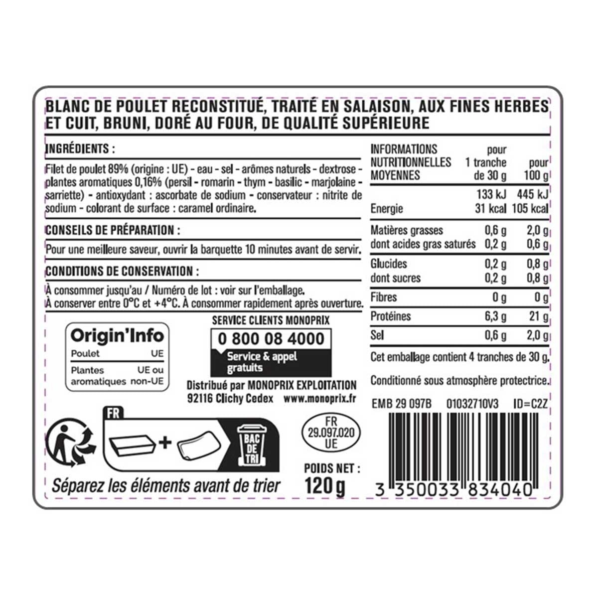 MONOPRIX 4 Slices Chicken Breast
