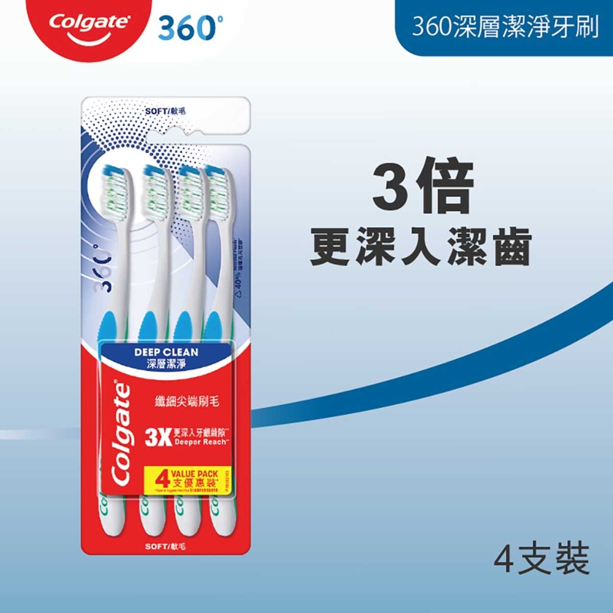 高露潔 360深層潔淨 深入清潔齒縫及牙齦邊緣牙刷4支優惠裝 (纖細刷毛) (新舊包裝隨機發送)