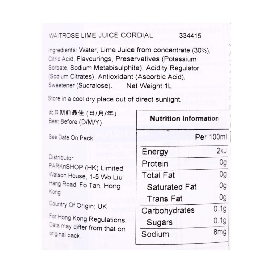 WAITROSE Lime Juice Cordial