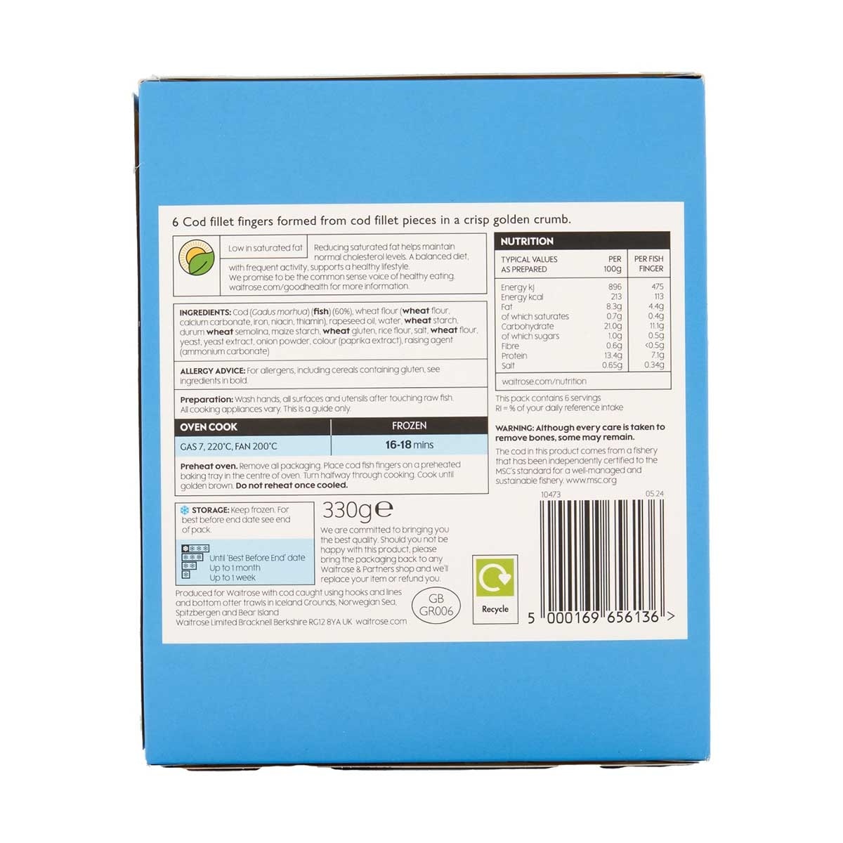 WAITROSE 6 Breaded Chunky Cod Fingers(frozen-18°c)