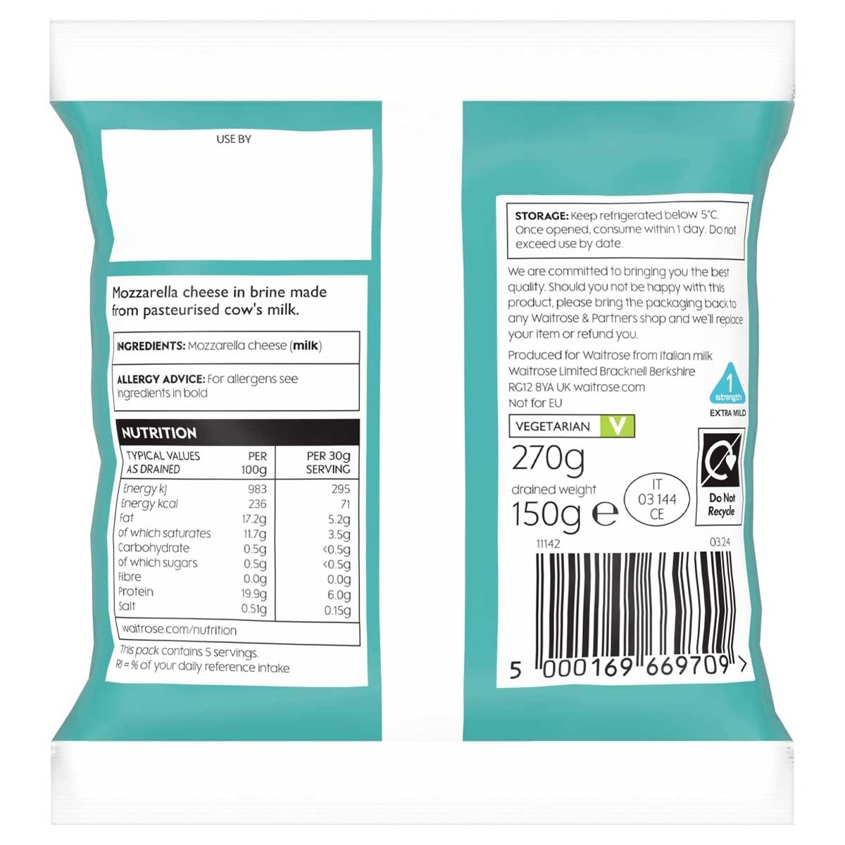 WAITROSE 意大利馬蘇里拉芝士 (冷凍 0-4°C)