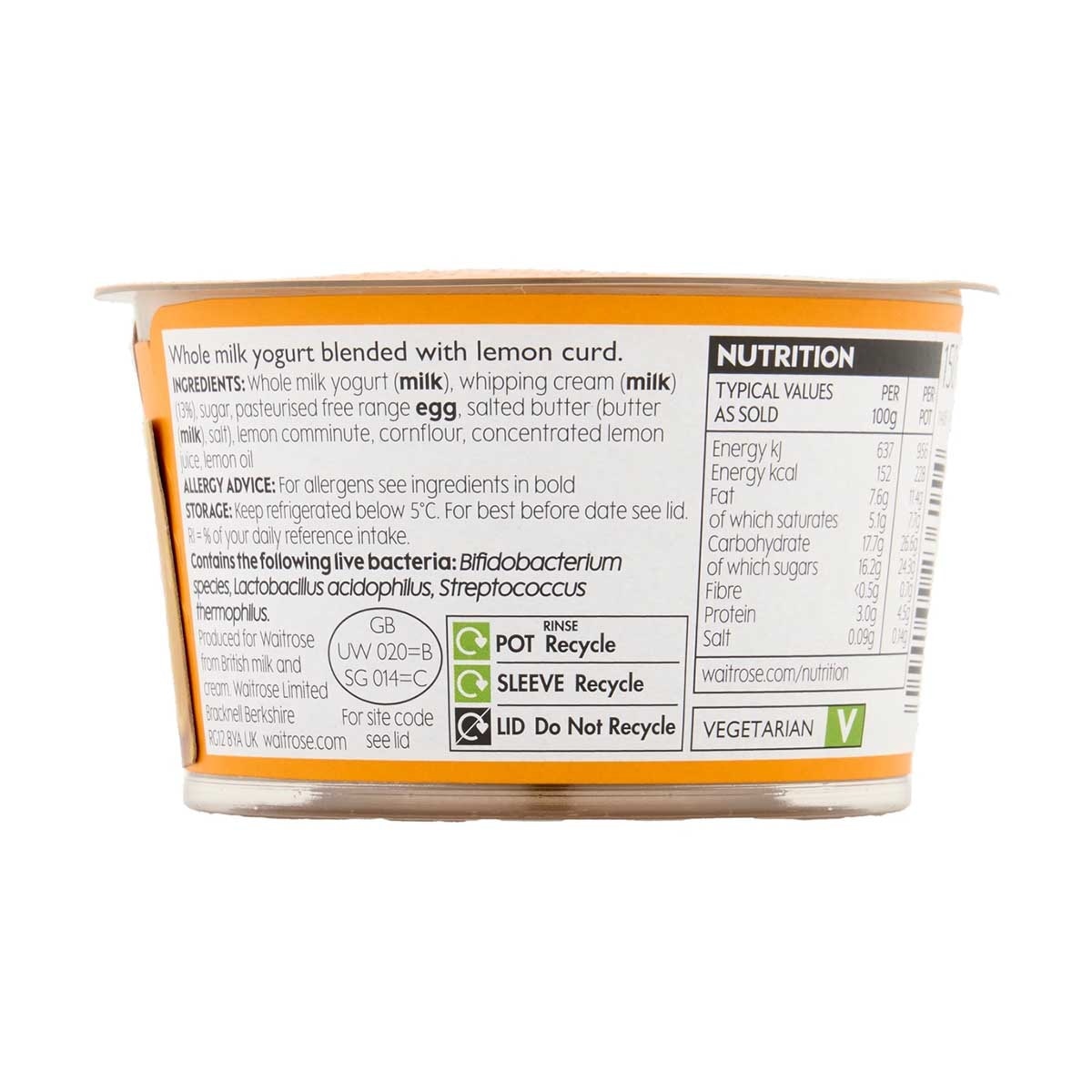WAITROSE Wr Lemon Curd Yogurt [ Uk](chilled 0-4°c)