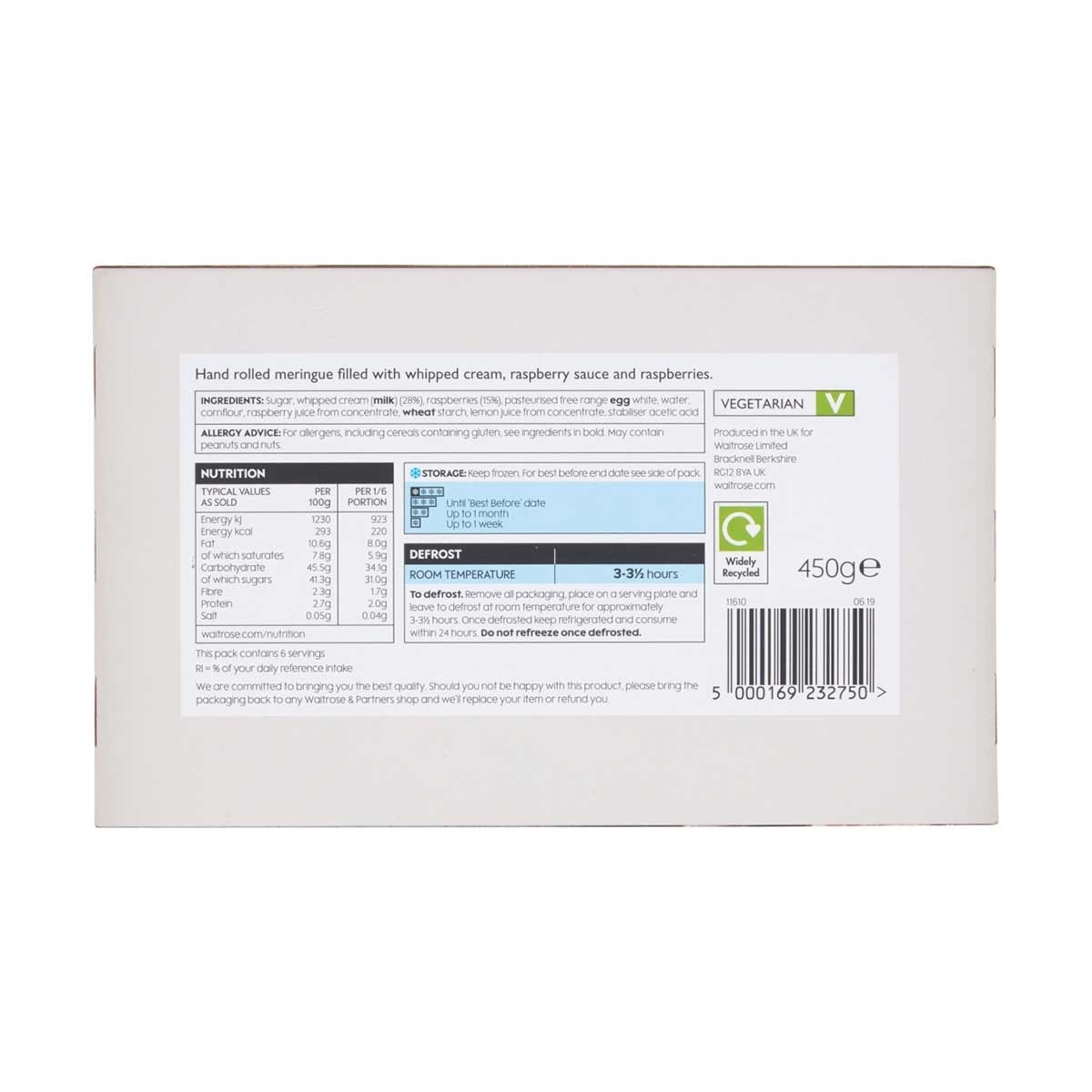 WAITROSE Wr Roulade Raspberry Meringue [ Uk](frozen -18°c)