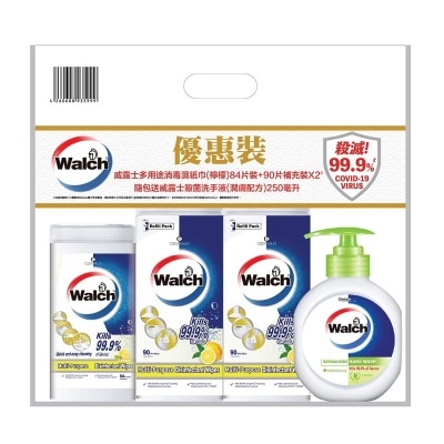 WALCH Walch Multi-purpose Disinfectant Wipes Lemon 84s+ 90wipes Refill*2+walch Laundry Sanitiser Lemon 750ml