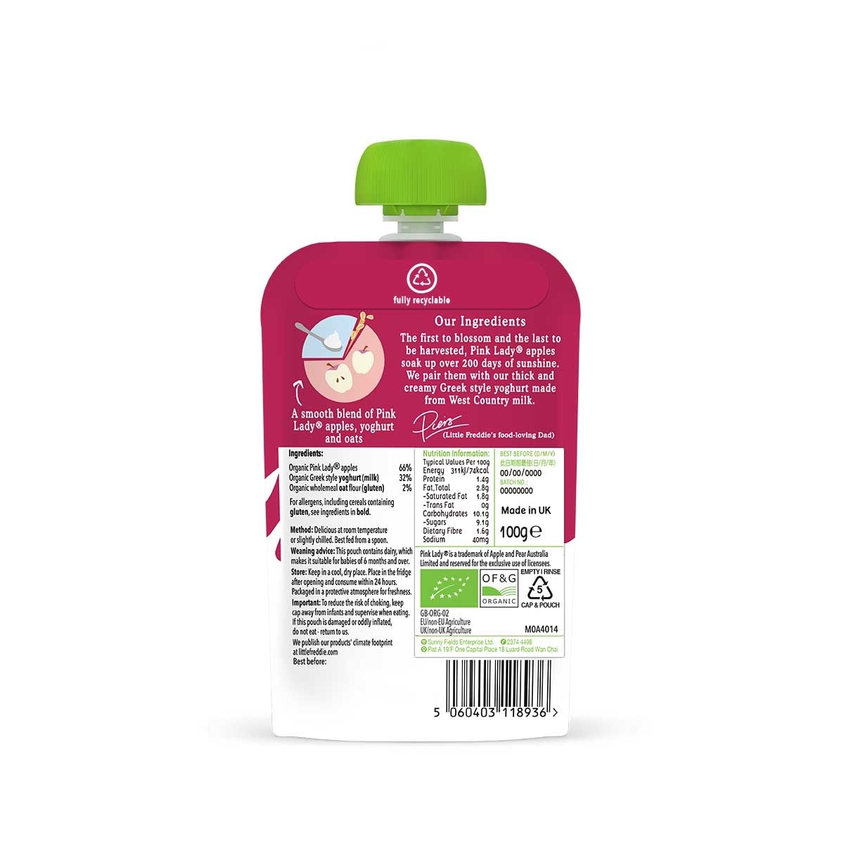 LITTLE FREDDIE Organic Creamy Pink Lady Apple Greek Style Yoghurt