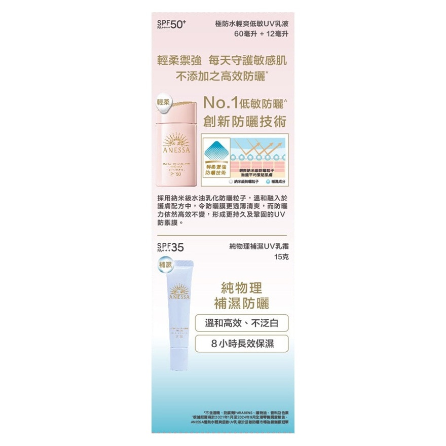 ANESSA ANESSA極防水低敏UV乳液限定套裝 (低敏UV乳液60ML+12ML+ 物理UV乳霜15G)