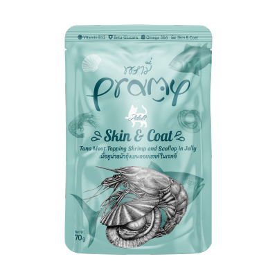PRAMY - 高級白肉吞拿魚 + 蝦肉 + 扇貝 成貓 功能性啫喱濕包 - 健膚美毛 配方 (70g) 044317