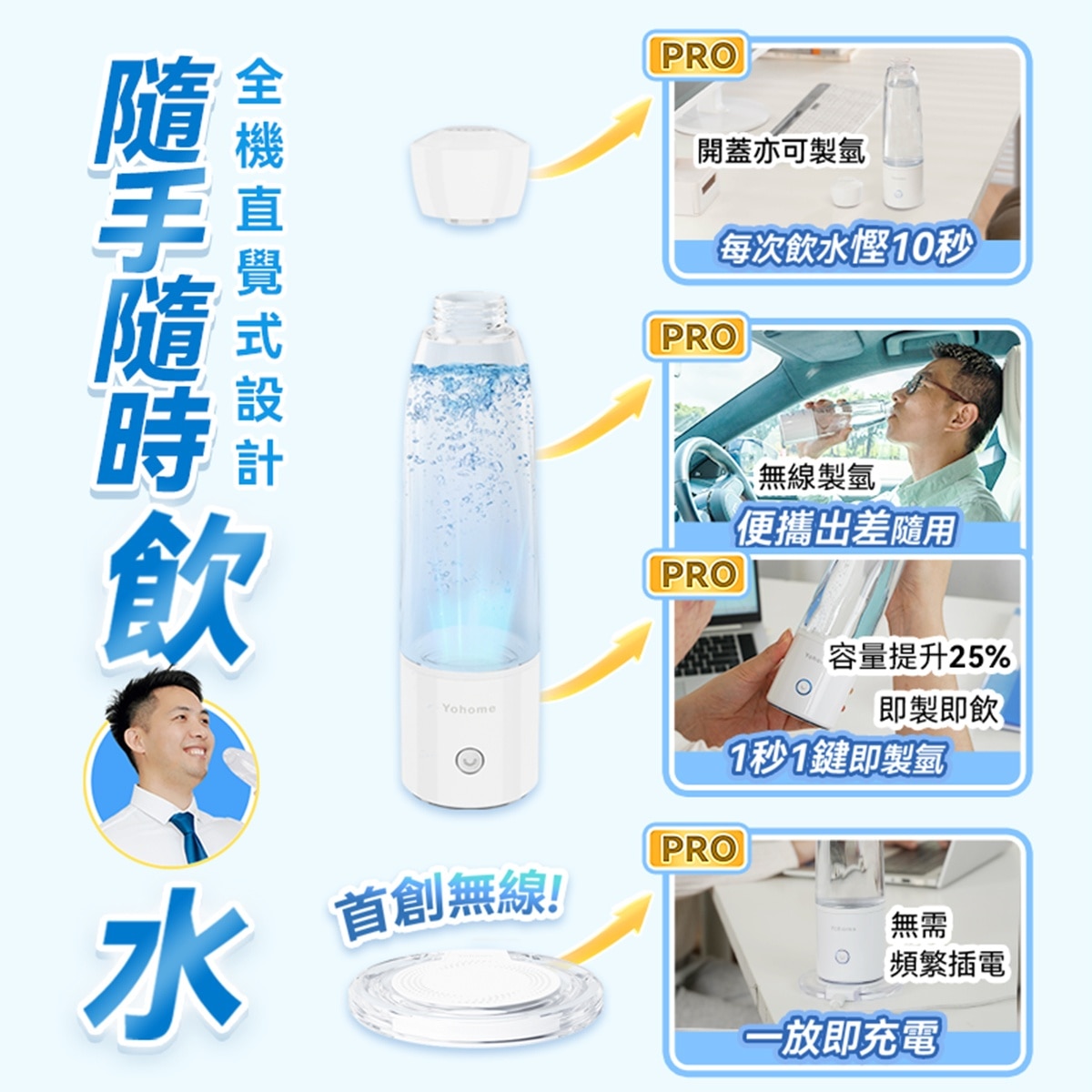 YOHOME YH-018 加強智製富氫抗氧化排毒無線自由充飲辦公養生健康杯 PRO