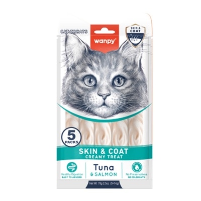 WANPY Creamy Treat Tuna & Salmon Cat Lick Snack (Skin & Coat) (14g x 5pcs)